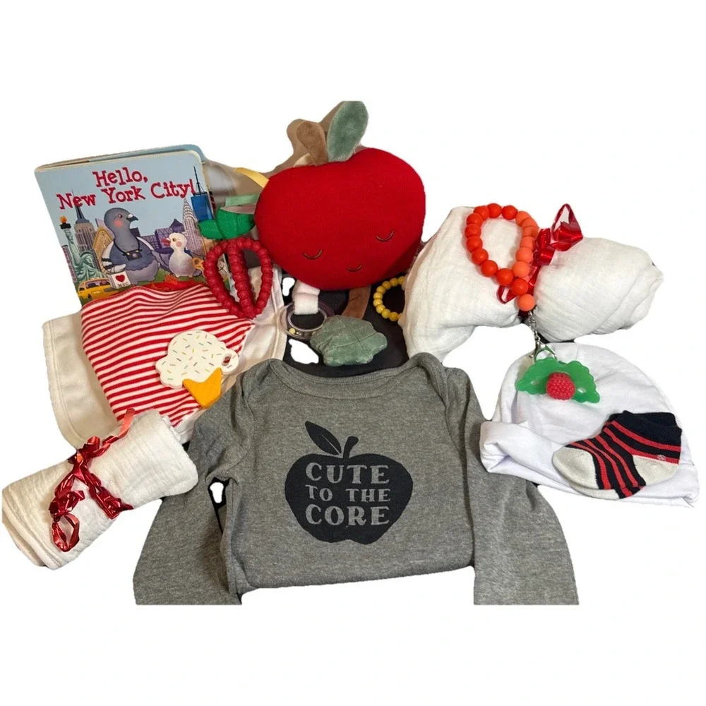Hello New York City Baby Gift Basket Apple Lovey Teether Blanket Bibs Bodysuit